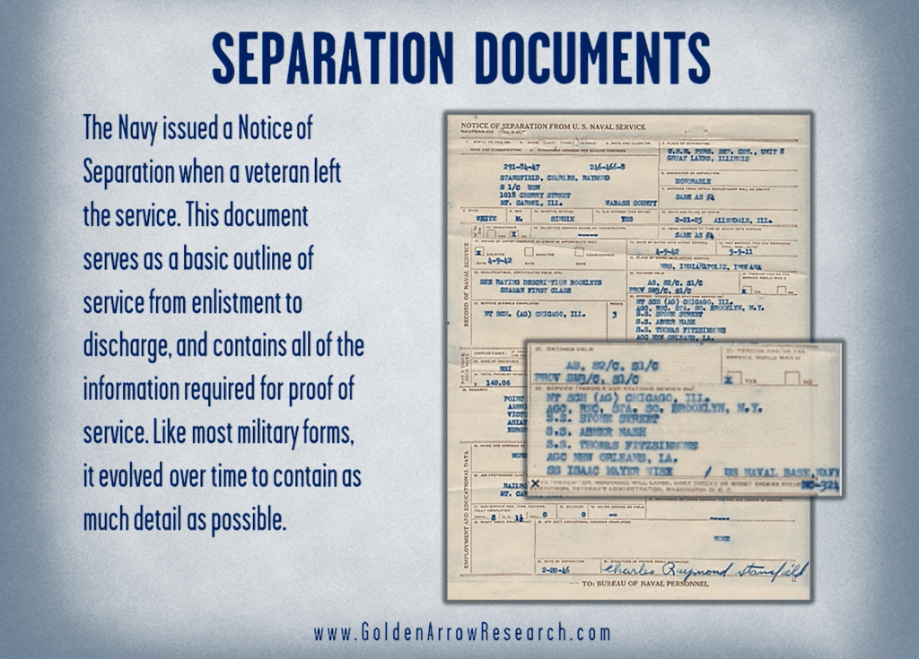 separation documents from the military service record OMPF of a WWII navy veteran