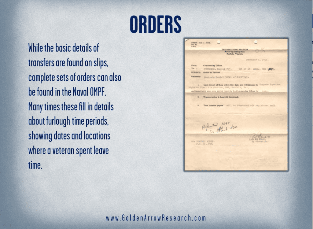 WWII orders from the navy service record book OMPF official military personnel file