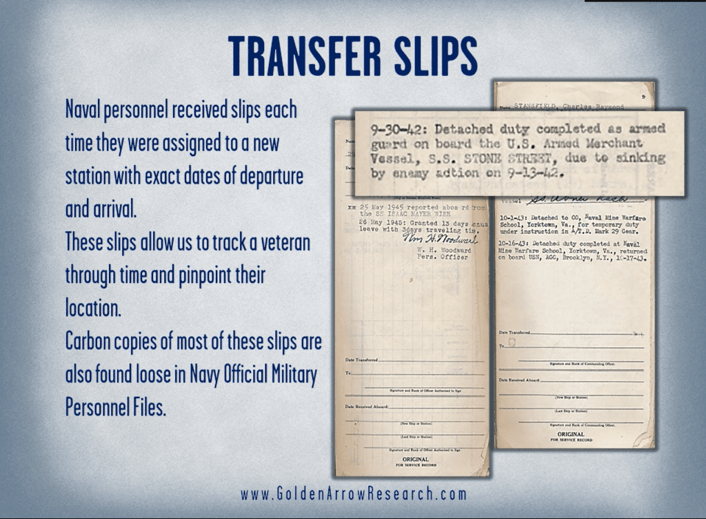 WWII navy veteran transfer slips from military service records inside of the official military personnel file OMPF