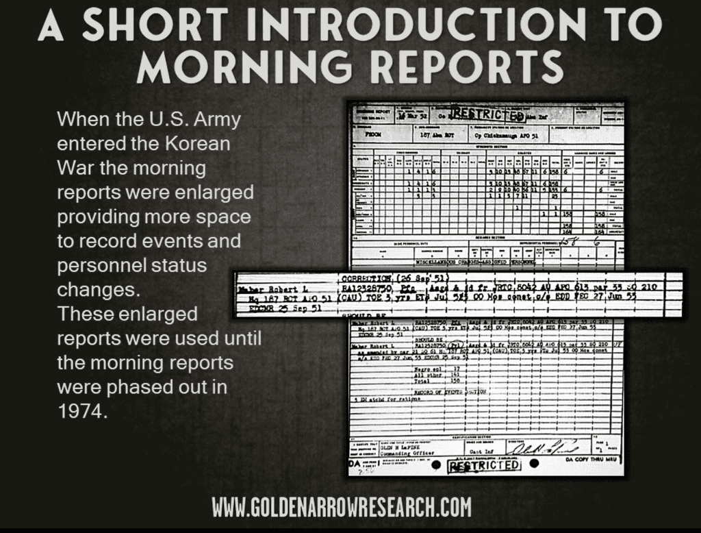 Korean War morning reports enlarged correction RCT HQ asgd & jd JRTC 1951 enlistment through 1955