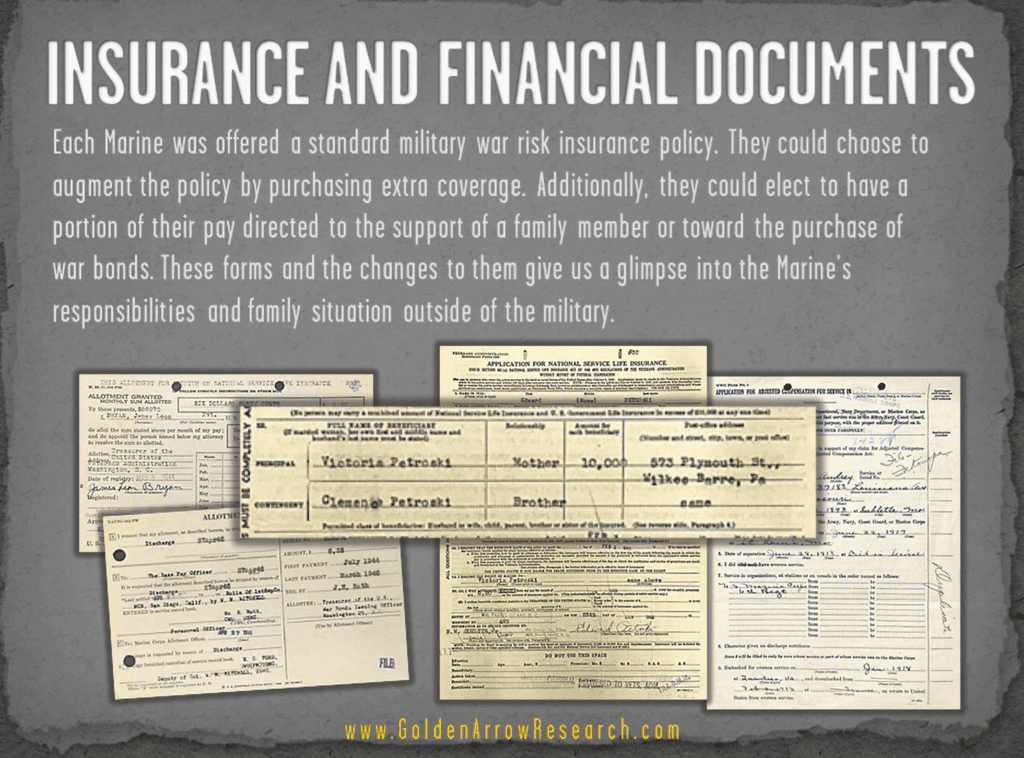 USMC OMPF military records showing insurance and financial info from military service records personnel file of USMC veteran at NPRC from archival research 