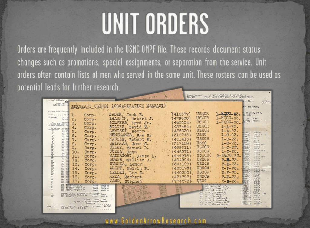 USMC OMPF military record showing unit rosters and orders in veteran military personnel file NARA NPRC archival research 