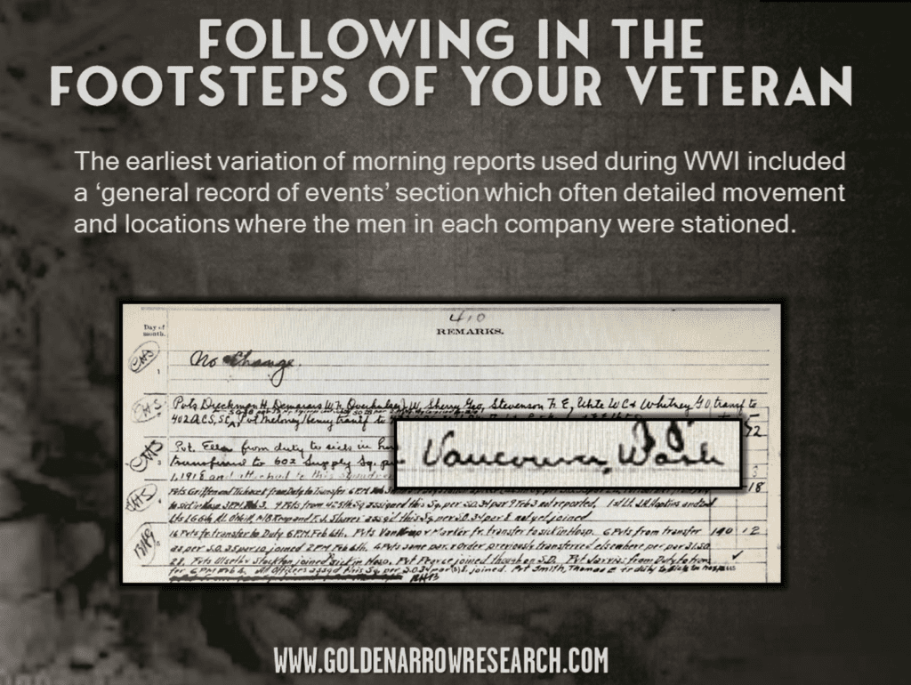 follow the movement of WWI and WWII veterans using morning reports. Reports show each location where the veteran was stationed and ship transports