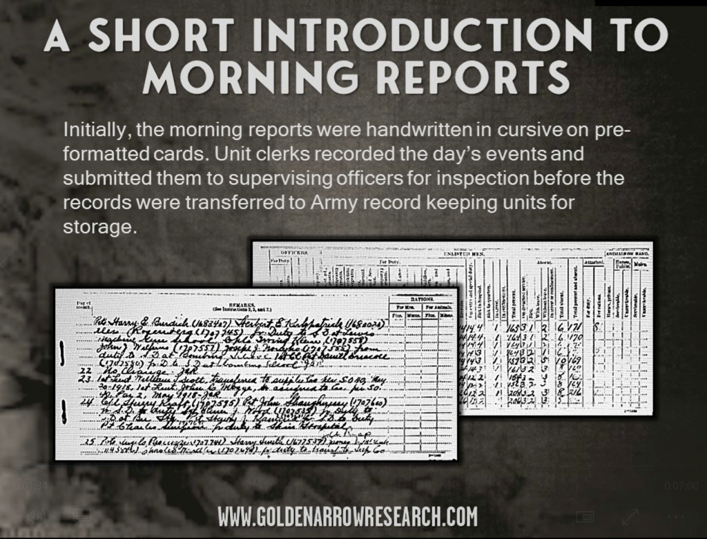 morning reports WWI written by hand cursive each day of the month unit company reports unit strength columns and rows