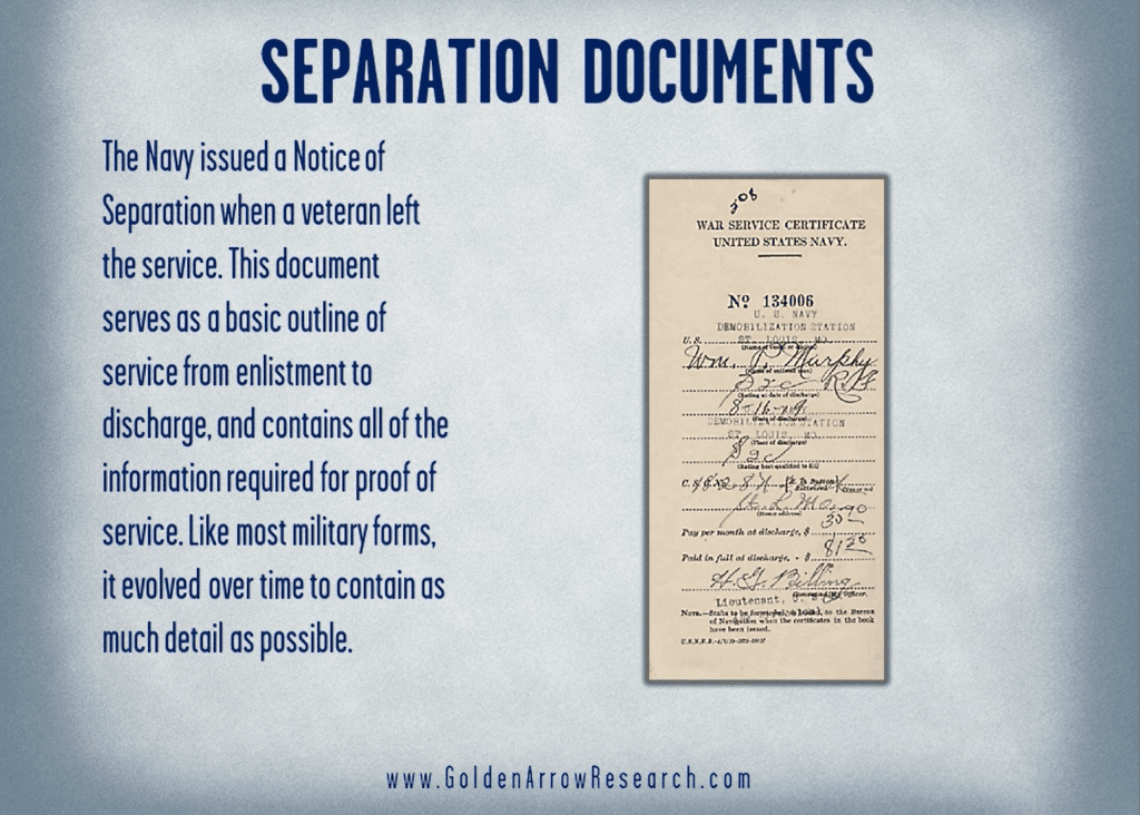 Demobilization document for WWII Navy veteran separation from the Navy from the OMPF military service records at the National Archives