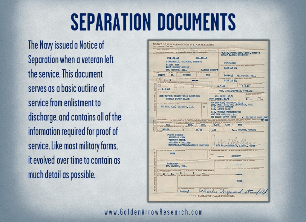 Notice of Separation from the WWII military service records in the official military personnel file OMPF at the National Archives