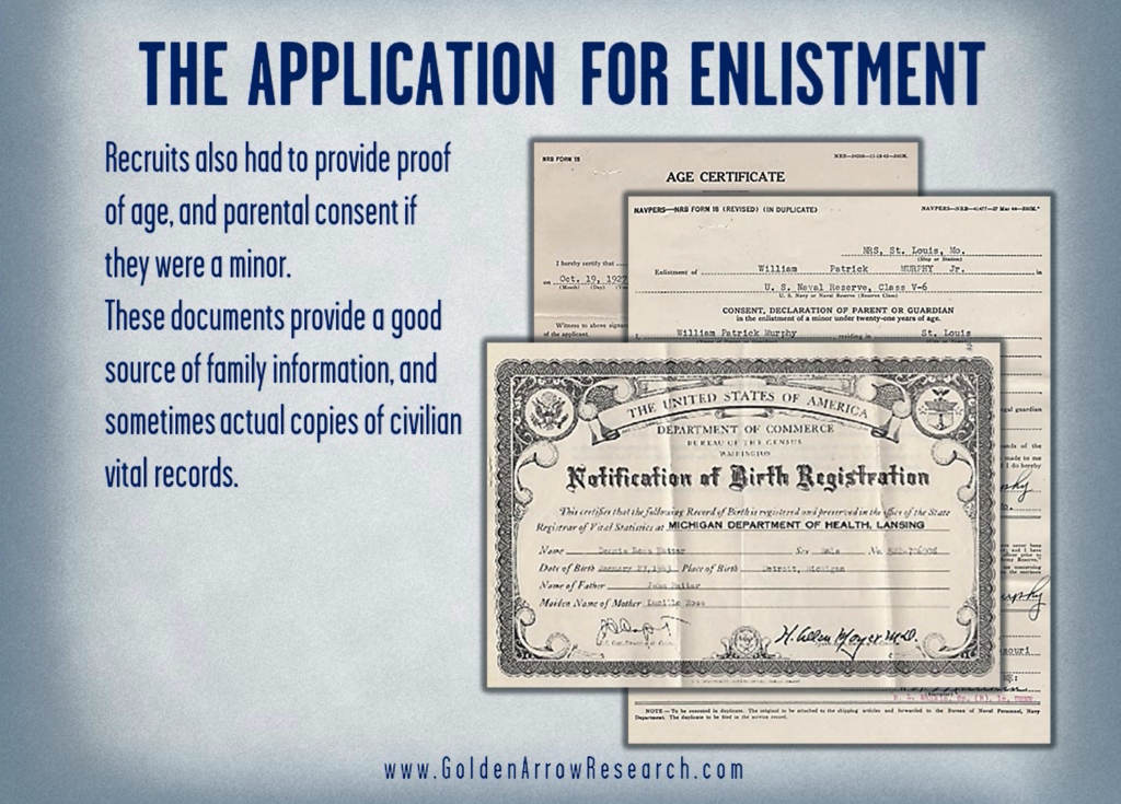 vital records for family research in the WWII Navy application for enlistment from the OMPF official military personnel file