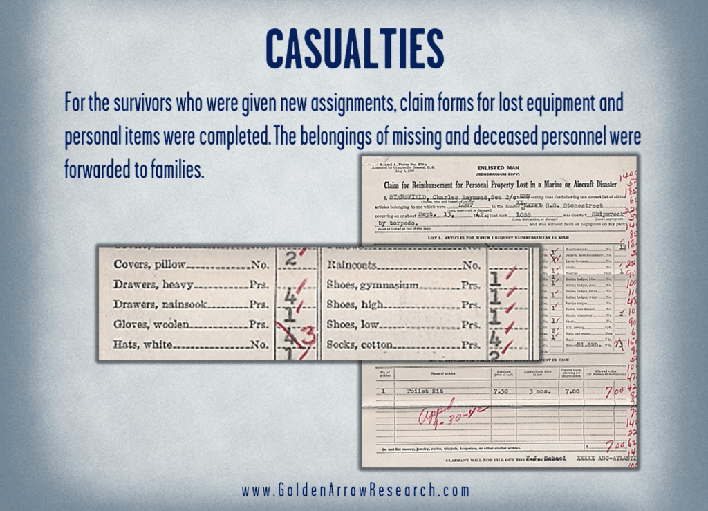 WWII Navy OMPF sailor request for replacement or reimbursement of equipment after sinking of his ship. 