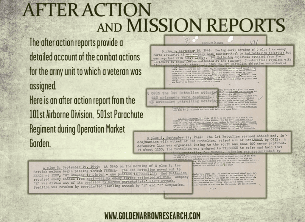 After action reports of WWII military units in combat available for military archival research at NARA. Understand the battle participation of individual WWII army veterans. 