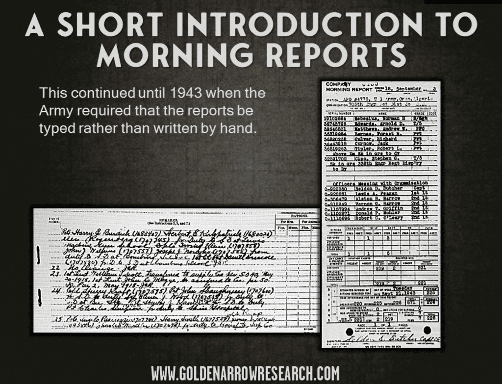 Army morning reports typed in 1943 officers messing with organization Engineer unit reports Edwards, Tipler, Matthews, Barnes Culver 