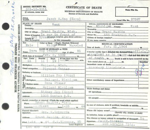 Death certificate of father from military service records showing the value of military records for genealogy researchers seeking vital records. 