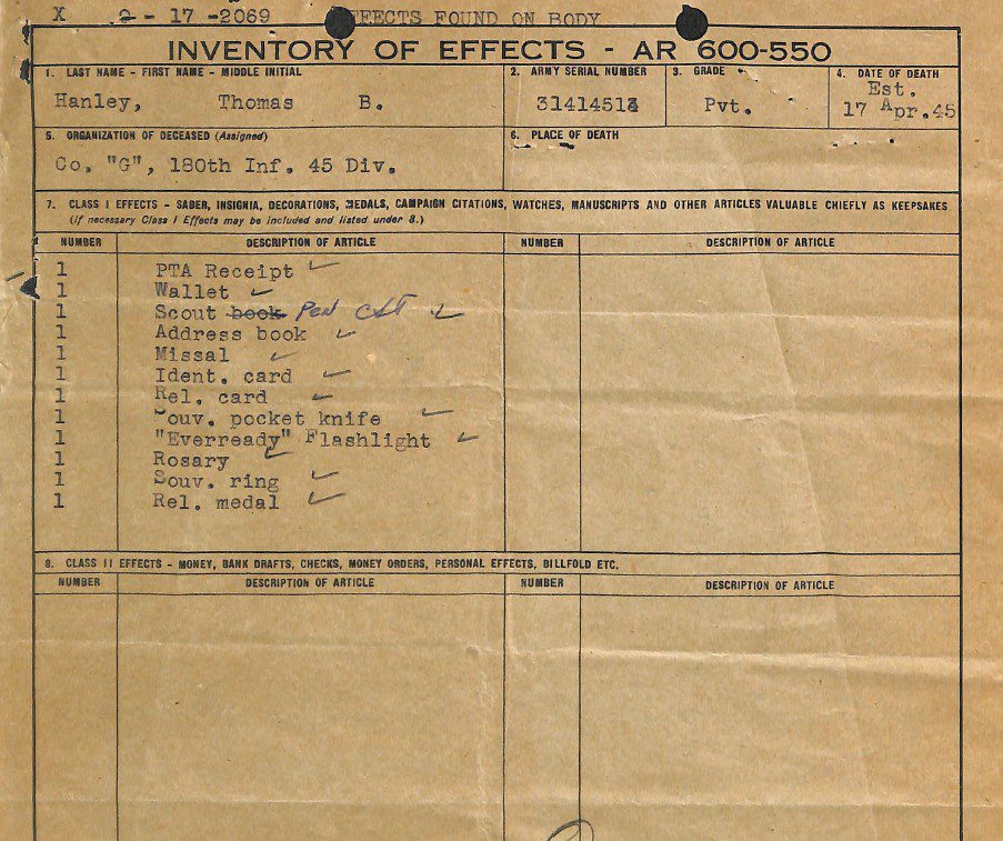 This inventory of the effects of a deceased soldier lists a rosary and a missal, two articles most closely associated with a Catholic faith. 